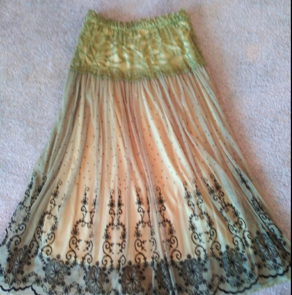 Chartreuse sheer embroidered, lined skirt